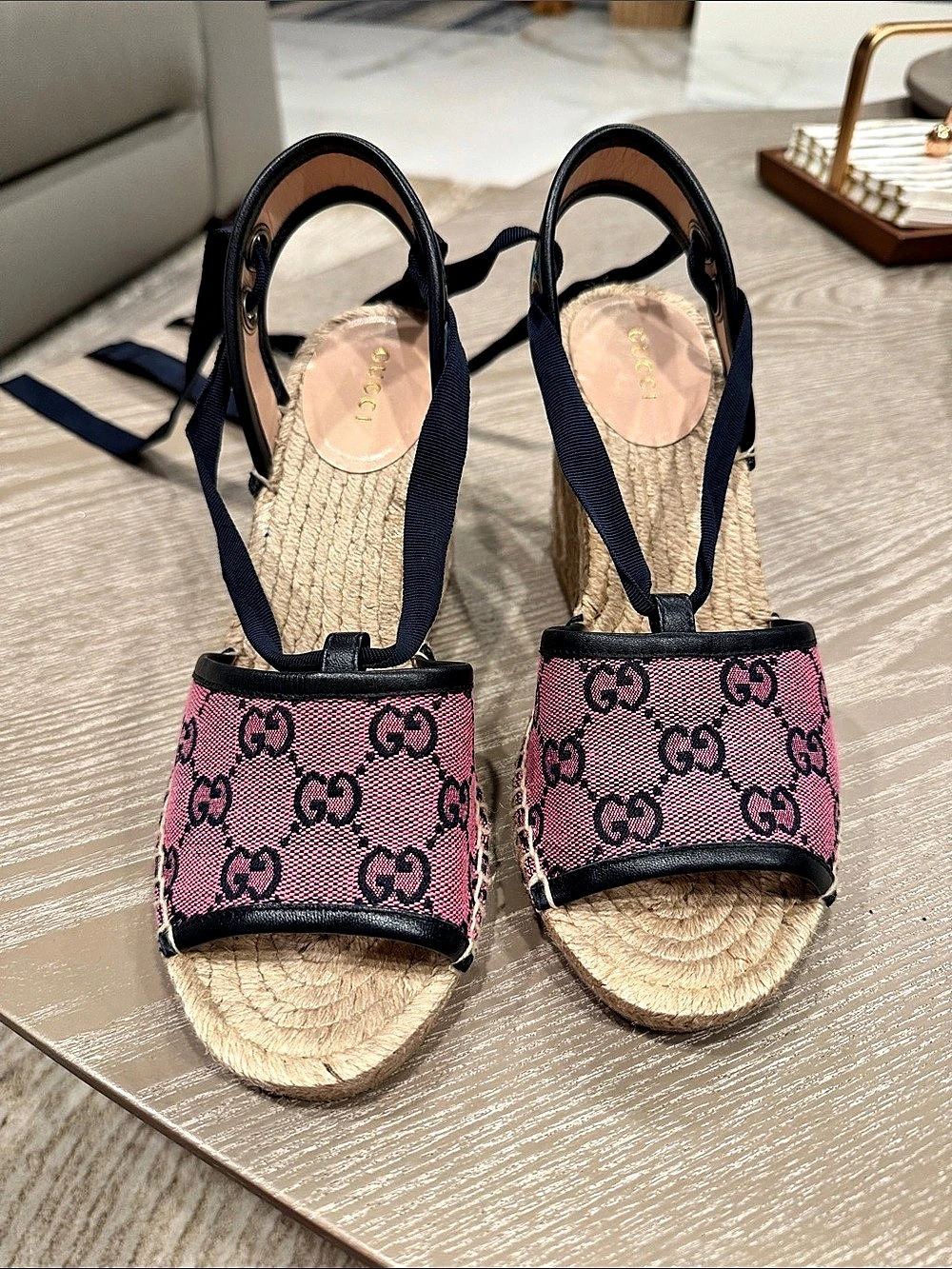 Gucci GG Canvas Web Ankle Tie Espadrille Wedge Sandals Wedge Sandals Pink & Blue